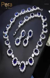 Pera CZ Big Round Cubic Zirconia Bridal Wedding Royal Blue Stone Necklace and Earrings Jewelryセット