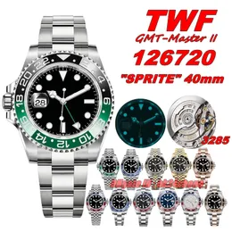 TWF 럭셔리 시계 TW 40mm 904L 126720 날짜 GMTMaster II "Sprite"3285 자동 남성 시계 Sapphire Black Dial Stainless Steel Bracelet Gents Wristwatches