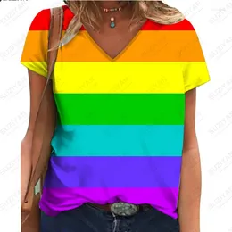 Women's T Shirts 2024 Summer Fashion Colorful Stripes 3D Digital Printing Short Sleeve T-shirt V-neck Casual Personality Top