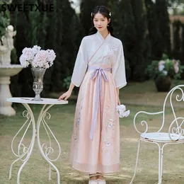 Work Dresses SWEETXUE Women Hanfu Chinese Summer Female Stand-Up Collar Retro Chiffon Blouse Mesh Embroidered Long Skirt Two-Piece Suit Set