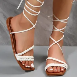 صندل Comemore Lace Up Peach Sandal Woman Woman for Women 2024 Summer Footwear Fashion Open Toe Women's Flat Sexy Solid