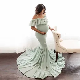 Mutterschaftskleider schwanger Frauenkleid mit plissierten Babyparty -Sommer -Chiffon -Fischschwanz Lange feste Farbe Q240427