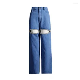 Jeans jeans patchwork diamanti svuotati casual per donne tasche ad alta vita giuntate sciolte pantaloni a gamba larga dritta femmina femmina