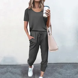 Kvinnor Summer Casual Tracksuits Solid Color Loose Pullover Two Piece Set Female Long Sleeve Tops Pants Sportwear 240412