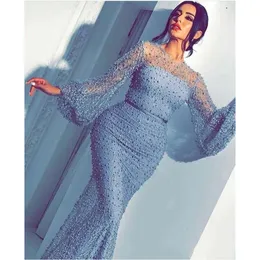 2024 New Sexy Blue Mermaid Evening Dresses Illusion Lace Beded Pearls Long Poet Sleeves Sweep Train Plus 크기 파티 파티 대회 가운 403