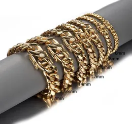 Guldfärg rostfritt stål Miami Curb Cuban Link Chain Armband Bangle 711 tum Anpassad längd för män 81012141618mm8785346