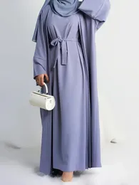2 Piece Abaya Slip Sleeveless Hijab Dress Matching Muslim Set Plain Open Abayas for Women Dubai Turkiet African Islamic Clothing240416