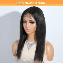 Syntetiska peruker elegant 16 tum 13x6x1 rak spetsfront peruk mänskligt hår lämpligt för kvinnor att bära och Q240427