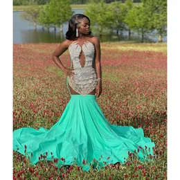 Luxury Green Mermaid Prom Dress For Black Gils Beads Crystal New Long Celebrity Gowns Formal Evening Dresses Vestidos De Noche