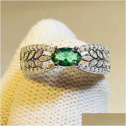 Band Rings Huitan Fancy Leaf Oval Green Cubic Zirconia Wedding For Women 2023 New Exquisite Finger Accessories Fashion Jewelry Drop D Dh0Xi