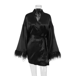 Home Clothing Fashion Y Womens Sleep Robe Nightgown Feather Sleeve Cardigan Coats Black Bathrobe For Female Drop Delivery Garden Wear Otleg