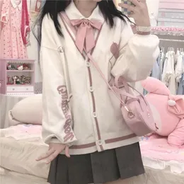 여자 니트 가을 가을 여자 일본 JK 유니폼 귀여운 소프트 소녀 느슨한 자수 긴 소매 스웨터 니트 카디건 여자 학생 코트