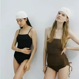 2024 New Ins Style New One-Piece Swimsuit Women Retro Korean Style Simple Tube Top Drawstring水着Maillot De Bain Thong Monokinifor