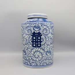 Orta boy mavi ve beyaz seramik teneke kutu, kavanoz, vazo, ev dekorasyonu