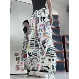 Capris Hikigawa Vintage Print High Waist Women Pants Chic Fashion Harajuku Drawstring Wide Leg Pounser