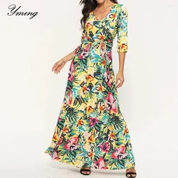 Partykleider yming Boho Maxi Kleid Frauen floral bedruckt Long Beach Halbärmel Vestidos Abend Robe Femme v Hals