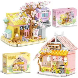 Transformation Toys Robots Creative Street View Izakaya Sakura House Model Build Block City Cherry Blossom House Moc building مع هدية الأطفال