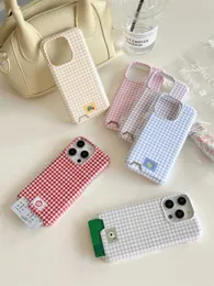 Cell Phone Cases Korean Simple Cut Macaron Color Lattice Lnsert Card Case for iPhone 12 13 14 15 Pro Max Shockproof Cover Fashion Girl Soft J240426