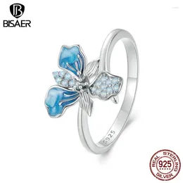 Pierścienie klastra Bisaer 925 Sterling Silver Blue Iris Opal Otwarty pierścień Rozmiar 5-9 Flower Band Platinum For Women Party Fine Jewelry EFR509