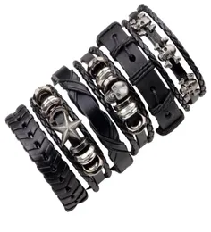 6pcsset Black Braided Leather Bracelet Punk Skull Pentagram Star Multilayer Woven Adjustable Bracelet Rock1823573