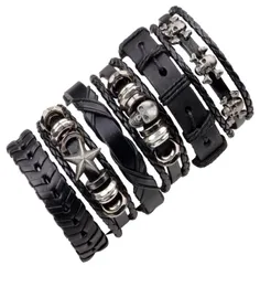 6pcsset preto pulseira de couro preto punk skull pentagramar estrela multilayer tecida pulseira ajustável rock1823573