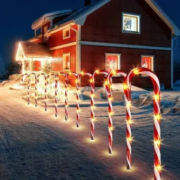 Dekorationer 5st/set Solar Operated Christmas Candy Cane Pathway Markers Lights With Stakes For Xmas Outdoor Patio Garden Walkway Decoration