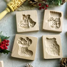 Kalıplar Noel Ağacı ile Noel Ahşap Kurabiye Kalıpları Noel Baba Ren Geyiği Desen 3D Kabartmalı Kesici Kalıplar Hediye Mutfak Pişirme Araçları