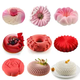 Mögel 3D -runda silikonkakor för bakning för bakning av dessert bakverk Panna Diamend Rose Love Form Sweets Bakeware Mögel Tools Tray