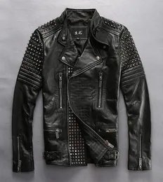 Handmade rivets Men039s motorcycle leather Jacket lapel oblique zipper good quality genuine cowhide leather male Motor coats4424232