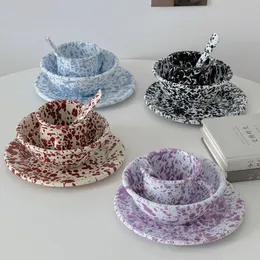 Retro Emaille Splash-In-Ink-Tischgeschirr koreanische Ins-Style Breakbrotplatte Joghurt Müsli Bowl Tasse Tasse und Untertassen-Set