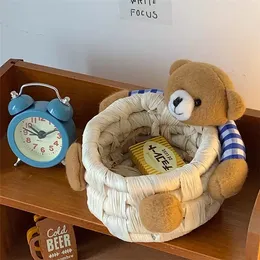 Korean Ins Style Cute Cartoon Bear Storage Basket Desktop Office Straw Sundry Storage Basket