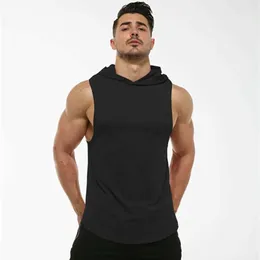 Herren-Tanktoper MRMT 2024 Neues reines Baumwoll-Herren-T-Shirt mit Kapuzenhülsen und MENS Tank Top Fitness Hoodie gebogen