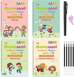 Anteckningar 4 böcker magiska skrivbok i spansk kalligrafi anteckningsbok montessori barn återanvändbar utbildning kalligrafisk bokstavspraxis leksak