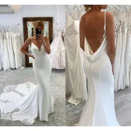 Sexy Backless Mermaid Wedding Spaghetti Straps Lace Appliques Button Covered Open Back Long Bridal Gowns Dresses Custom Made 2023 Bc15453