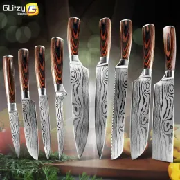 Knives Set of Kitchen Knives 1 3Pcs 8 inch Chef Knives Stainless Steel Damascus Laser Japanese Cleaver Knife Kiritsuke Santoku Slicer