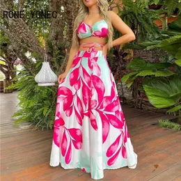 Women Casual Blumendruck Halfter Criss Cross Schnürung BRAS Crop Tops Maxi Urlaubsstrandrocksets 240423