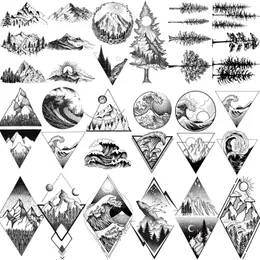 Transferência de tatuagem 18 folhas Geometry Mountain Tattoos temporários para homens adultos adultos ondas falsas Tattoo adesivo preto 3d pinheiro triangle Triângulo 240427