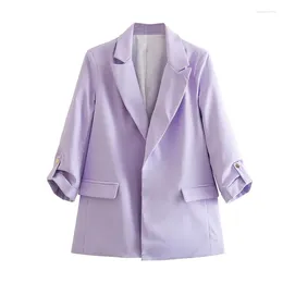 Damenjacken Sommer Spring One Knopf Blazer -Mantel Vintage drei Viertelhülsenlappen Taschen Weibliche äußere Wewe Chic Veste Femme