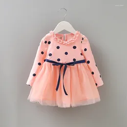 فتاة الفتيات 4 ألوان الربيع 2024 Baby Girls Dot Princess Dress Kids Cotton Voile Long Sleeves Kids Cute Clothing with Ribbon