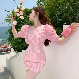 Платья для вечеринок Korejepo Pink Sweet Age Reducing Temprament Bubble Flye Plord 2024 Summer O Sexy Vestido D Юбка для бедра