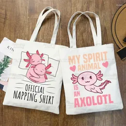 Shoppingväskor axolotl ulzzang shopping väska tryck canvas söt tecknad tote handväskor kvinnor djur kawaii harajuku axel