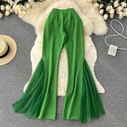 Women's Pants Women Elegant Mesh Patchwork Flare High Waist Wide Leg Trousers Practice Dancing Performance Clubwear Belly Dance