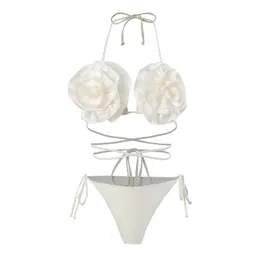 Sexy 3d Branco Flor String Micro Mini Bikinis Define duas peças Triângulo de Triângulo High Swimsuithwear Fêmea Feminino Menina Biquiini 240426