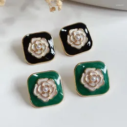 Brincos de garanhão estilo francês Camellia Square Square Pendientes Acessórios