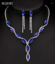 Blijery Silver Plated Royal Blue Crystal Wedding Jewelry Set for Women Leaf Tassel Long Necklace Earnings Bridal smyckesuppsättningar13005458391