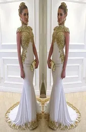 Stunning White Long Evening Dress High Neck Cap Sleeve Beaded Gold Lace Appliques Stretch Satin Mermaid Women Formal Gowns9189241