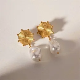 Orecchini eleganti in acciaio oro oro in oro in oro irregolare baroccia di perla barocco Disk Dangle a lunghezza per donne Brincos 230831