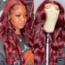 Synthetic Wigs 99J Burgundy Lace Front Wig Human Hair Wave Red Female Pre Picked Q240427