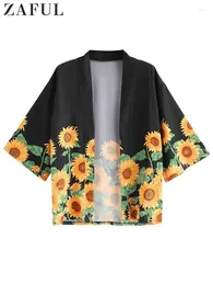 Camisas casuais masculinas Zaful Open Front for Men Gunflower Print Three Quarting Sleeve Beach Cardigan Summer Vacation Kimono Tops Z4661739