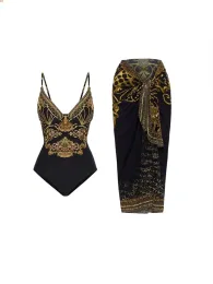 Set Vintage Black with Golden Print Bikini Sets Swimsuit & Skirt Female Sexy Slim One Piece DeepV Swimwear 2022 Beach Bathing Suits